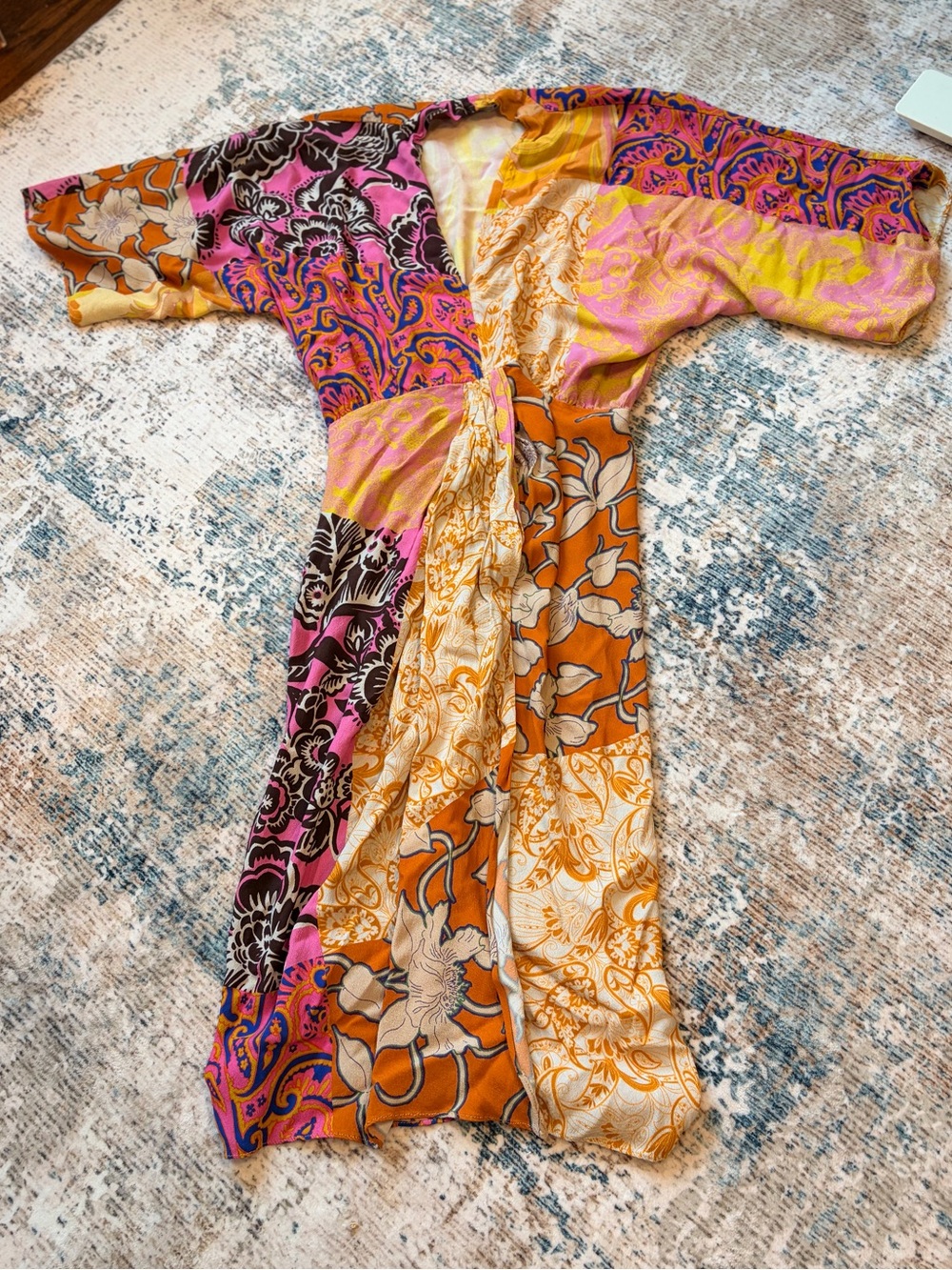 Zara Multicolor Floral Patchwork Faux Wrap Dress — Orange, Pink, Yellow - Picture 2 of 3